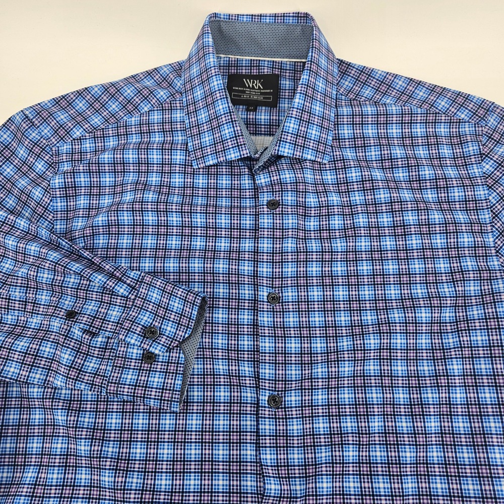 WRK Mens 4-Way Stretch Performance Dress Shirt Blue Purple Plaid Size 17 L/XL